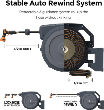 50ft Heavy-Duty Auto-Rewind Hose Reel – Weatherproof